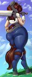 Size: 1916x4551 | Tagged: suggestive, artist:nexcoyotlgt, derpibooru import, oc, oc:twistae, anthro, unicorn, armor, badass, butt crack, clothes, cloud, cloudy, field, high res, hill, hooves, image, jeans, looking at you, pants, png, presenting, ripped jeans, ripped pants, smiling, solo, sword, tail, tail aside, the ass was fat, thick, thighs, thunder thighs, tight clothing, torn clothes, weapon