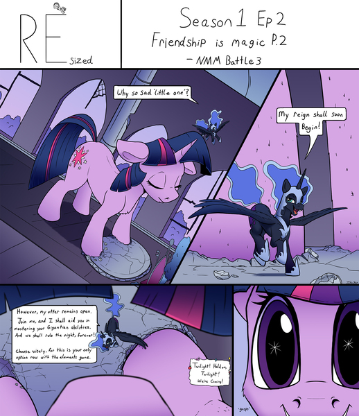 Size: 2000x2318 | Tagged: safe, artist:tsitra360, derpibooru import, nightmare moon, twilight sparkle, pony, unicorn, comic:resized, comic, dialogue, female, giant pony, hoof hold, image, jpeg, macro, ruins, scene interpretation, unicorn twilight