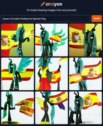Size: 760x931 | Tagged: safe, derpibooru import, machine learning generated, queen chrysalis, changeling, changeling queen, artificial intelligence, cursed image, female, help, holding flag, image, neural network abomination, png, spain