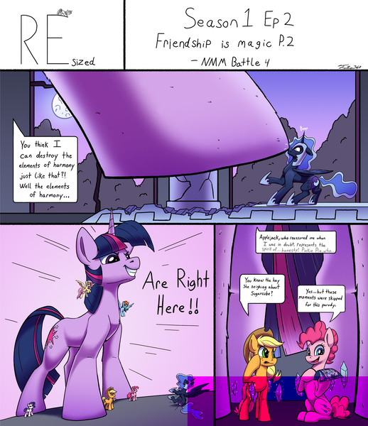 Size: 2000x2318 | Tagged: safe, artist:tsitra360, derpibooru import, applejack, fluttershy, nightmare moon, pinkie pie, rarity, twilight sparkle, alicorn, pony, unicorn, comic:resized, boop, breaking the fourth wall, comic, dialogue, female, giant pony, image, jpeg, macro, noseboop, ruins, scene interpretation, unicorn twilight