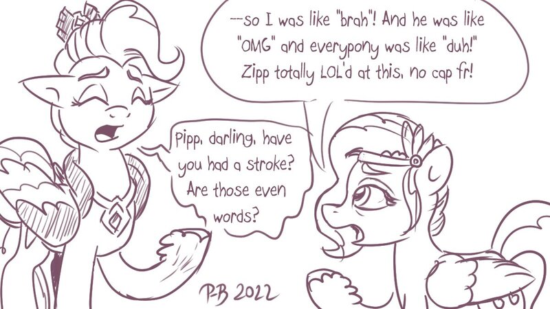 Size: 1200x675 | Tagged: safe, artist:pony-berserker, derpibooru import, pipp petals, queen haven, pegasus, pony, crown, despair, dialogue, eyes closed, female, g5, headband, image, jewelry, jpeg, lol, mare, monochrome, mother and child, mother and daughter, necklace, pony-berserker's twitter sketches, pony-berserker's twitter sketches (2022), regalia, sad, unshorn fetlocks