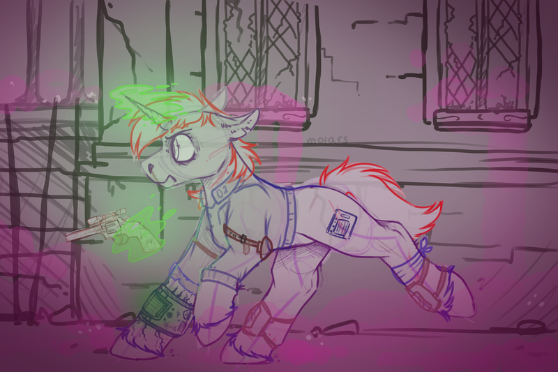 Size: 3000x2000 | Tagged: semi-grimdark, artist:molars, derpibooru import, oc, oc:littlepip, pony, unicorn, fallout equestria, canterlot, image, pink cloud (fo:e), png, sketch, solo, trotting, wip