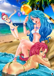 Size: 1000x1414 | Tagged: suggestive, artist:lord--opal, derpibooru import, izzy moonbow, sunny starscout, zipp storm, human, beach, beach ball, belly button, bikini, butt, clothes, g5, humanized, image, jpeg, lipstick, looking at you, open mouth, palm tree, sunglasses, sunny starbutt, swimsuit, this will end in pain, tree