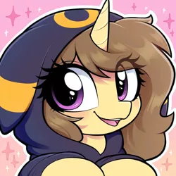 Size: 894x894 | Tagged: safe, artist:moozua, derpibooru import, oc, oc:astral flare, pony, umbreon, unicorn, clothes, cute, daaaaaaaaaaaw, female, hoodie, icon, image, jpeg, looking at you, open mouth, pokémon, smiling, smiling at you