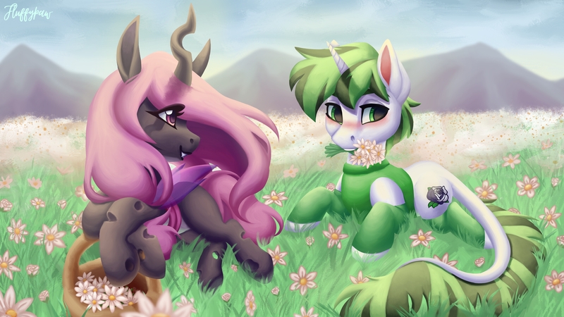 Size: 5760x3240 | Tagged: safe, artist:mishi_ovo, derpibooru import, oc, changeling, hybrid, pony, unicorn, background pony, commission, couple, cute, daisy flower, drawing, female, image, jpeg, love, male, male to female, rule 63, ship, shipping, support, uwu