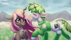 Size: 5760x3240 | Tagged: safe, artist:mishi_ovo, derpibooru import, daisy, flower wishes, oc, unofficial characters only, changeling, hybrid, pony, unicorn, background pony, commission, couple, cute, draw, drawing, female, image, jpeg, love, lovely, male, male to female, oc x oc, owo, rule 63, shipping, support