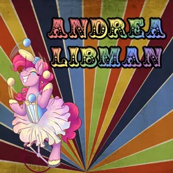 Size: 630x630 | Tagged: safe, artist:gobiraptor, pinkie pie, earth pony, pony, advertisement, andrea libman, clothes, clown, clown makeup, dress, female, image, juggling, mare, png, poster, solo, text, trotcon, trotcon 2022, unicycle