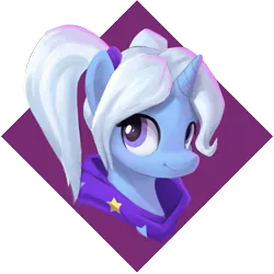 Size: 1418x1417 | Tagged: safe, artist:stardep, derpibooru import, trixie, pony, unicorn, abstract background, alternate hairstyle, babysitter trixie, bust, clothes, cute, diatrixes, female, gameloft, gameloft interpretation, hair tie, hoodie, image, jacket, looking at you, mare, pigtails, png, portrait, simple background, smiling, smiling at you, solo, transparent background, twintails