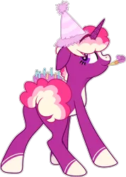 Size: 2071x2904 | Tagged: safe, artist:rickysocks, derpibooru import, oc, pony, unicorn, base used, cake, female, food, hat, image, mare, party hat, party horn, png, simple background, solo, transparent background