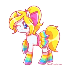 Size: 700x700 | Tagged: safe, artist:churobu, derpibooru import, oc, unofficial characters only, pony, unicorn, bow, clothes, female, hair bow, horn, image, mare, one eye closed, png, rainbow socks, raised hoof, simple background, skirt, smiling, socks, solo, striped socks, transparent background, unicorn oc, wink