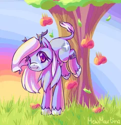 Size: 1200x1242 | Tagged: safe, artist:churobu, derpibooru import, oc, oc:moon sparkle, unofficial characters only, pony, antlers, apple, apple tree, applebucking, eyelashes, female, food, image, mare, outdoors, png, solo, tree, unshorn fetlocks