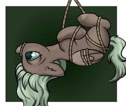 Size: 2600x2200 | Tagged: safe, artist:dumbwoofer, derpibooru import, oc, oc:forest air, pegasus, pony, blank flank, bondage, ear fluff, female, filly, foal, image, mane dye, png, rope, rope bondage, side view, simple background, teenager, tied up, upside down