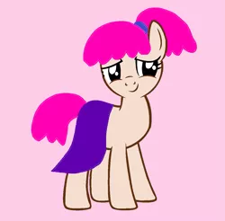Size: 1119x1100 | Tagged: safe, artist:disneyponyfan, derpibooru import, ponified, earth pony, pony, black sclera, clothes, crossover, female, g4, image, mare, pink background, pink hair, pink mane, pink tail, pinky dinky doo, pinky dinky doo (character), png, ponytail, pride, purple skirt, simple background, skirt, smiling, solo, tail