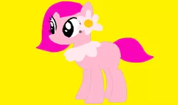 Size: 1260x748 | Tagged: safe, artist:disneyponyfan, derpibooru import, ponified, earth pony, pony, black sclera, female, flower, flower bubble, flower on ear, foofa, g4, image, mare, ms paint, pink coat, pink hair, pink mane, pink tail, png, simple background, smiling, solo, tail, yellow background, yo gabba gabba