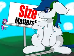 Size: 8000x6000 | Tagged: safe, artist:skylarpalette, derpibooru import, oc, oc:skylar palette, oc:western star, unofficial characters only, earth pony, pony, unicorn, billboard, cute, destruction, earth pony oc, female, fluffy, hanging, horn, image, macro, macro/micro, mare, panic, panicking, png, relaxed, scenery, smug, unicorn oc, white fur