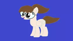 Size: 1280x728 | Tagged: safe, artist:disneyponyfan, derpibooru import, ponified, pegasus, pony, aliza, black sclera, blue background, brown hair, brown mane, brown tail, female, folded wings, g4, glasses, image, jpeg, mare, open mouth, open smile, ponytail, simple background, smiling, solo, tail, wings, wordgirl