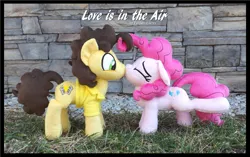 Size: 2025x1275 | Tagged: safe, artist:peruserofpieces, derpibooru import, cheese sandwich, pinkie pie, earth pony, pony, cheesepie, clothes, cute, female, floppy ears, image, irl, kissing, male, mare, photo, plushie, png, shipping, shirt, stallion, standing, straight, surprised