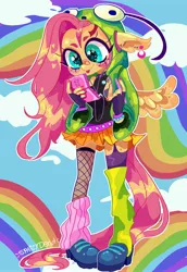 Size: 2825x4096 | Tagged: safe, artist:spaicydonut, fluttershy, anthro, pegasus, bandaid, bandaid on nose, bracelet, clothes, cloud, costume, ear piercing, earbuds, gir, image, jewelry, jpeg, leg warmers, mismatched socks, nail polish, nintendo ds, piercing, pigeon toed, rainbows, signature, skirt, socks, solo, stockings, thigh highs