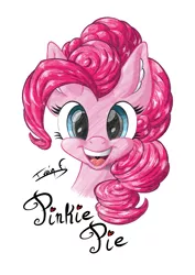 Size: 2481x3508 | Tagged: safe, artist:memprices, derpibooru import, pinkie pie, earth pony, bust, digital art, high res, image, looking at you, open mouth, open smile, pencil drawing, png, simple background, smiling, traditional art, white background