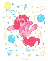 Size: 1001x1280 | Tagged: safe, artist:yun_nhee, derpibooru import, pinkie pie, earth pony, pony, balloon, confetti, female, image, jpeg, jumping, mare, simple background, solo, streamers, white background