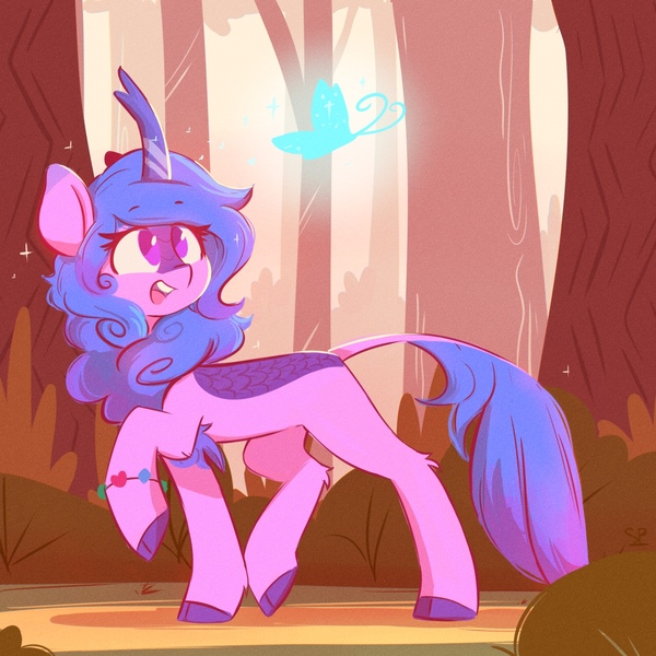 Size: 1650x1650 | Tagged: safe, artist:scribble-potato, derpibooru import, izzy moonbow, butterfly, insect, kirin, atg 2022, cloven hooves, cute, female, forest, friendship bracelet, g5, image, izzybetes, jpeg, kirinified, leonine tail, newbie artist training grounds, open mouth, species swap, tail, tree