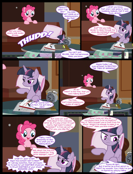 Size: 1042x1358 | Tagged: safe, artist:dendoctor, derpibooru import, mean twilight sparkle, pinkie pie, twilight sparkle, twilight sparkle (alicorn), alicorn, earth pony, pony, comic:clone.., alarm clock, alternate universe, blanket, book, clock, clone, comic, couch, female, g4, image, jpeg, pillow, pinkie clone, table