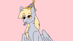 Size: 1280x720 | Tagged: safe, artist:valkiria, derpibooru import, derpy hooves, pegasus, pony, animated, blushing, chest fluff, cute, derpabetes, food, frame by frame, gif, hat, heart, heart eyes, image, muffin, party hat, party horn, pink background, simple background, solo, wingding eyes