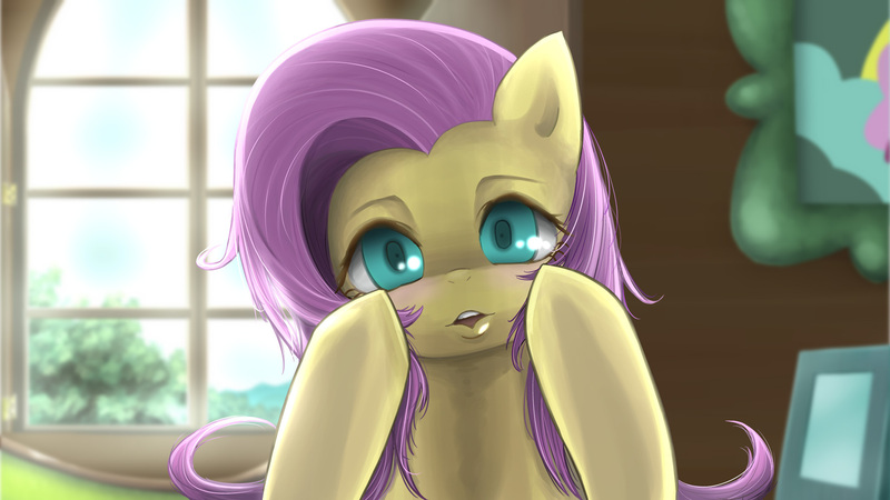 Size: 1920x1080 | Tagged: safe, artist:tangankittentail, derpibooru import, fluttershy, pony, female, fluttershy's cottage, image, indoors, jpeg, looking at you, mare, open mouth, picture, solo, window