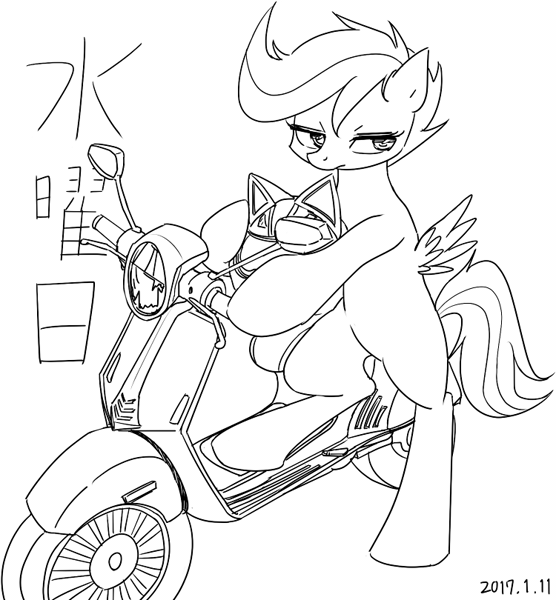 Size: 750x810 | Tagged: safe, artist:tangankittentail, derpibooru import, scootaloo, pegasus, semi-anthro, black and white, female, gif, grayscale, helmet, image, japanese, monochrome, moon runes, motorcycle, simple background, solo, white background, wings