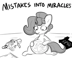 Size: 2787x2250 | Tagged: suggestive, artist:tjpones, derpibooru import, oc, oc:brownie bun, oc:richard, unofficial characters only, earth pony, human, pony, horse wife, age regression, baby, black and white, commission, duo, female, fetish, goddammit reversalmushroom, grayscale, image, male, mare, mistakes into miracles, monochrome, png, pregnant, ray gun, unbirthing, vore, x-ray