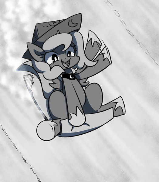 Size: 725x830 | Tagged: safe, artist:tangankittentail, derpibooru import, princess luna, alicorn, pony, moonstuck, cartographer's cap, cute, female, filly, foal, grayscale, happy, hat, hoof hold, horn, image, jpeg, lunabetes, monochrome, open mouth, open smile, sled, smiling, solo, waving, wings, woona, younger