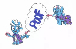 Size: 1280x833 | Tagged: safe, artist:spaton37, derpibooru import, trixie, dragon, pony, unicorn, cape, clothes, dragoness, dragonified, female, image, jpeg, mare, solo, species swap, traditional art, transformation, transformation sequence, trixie's cape, trixiedragon