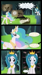 Size: 1280x2300 | Tagged: safe, artist:bigsnusnu, derpibooru import, nightmare moon, princess celestia, oc, oc:crystal lis, alicorn, earth pony, pony, comic:dusk shine in pursuit of happiness, acorn, angry, blank eyes, cave, cavern, crown, crying, cutie mark, flashback, heartbreak, image, insanity, jewelry, liar, moon, necklace, png, regalia, scared, smiling, sniffing, teary eyes, yelling