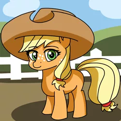 Size: 2000x2000 | Tagged: safe, artist:artevi, derpibooru import, applejack, earth pony, pony, applejack's hat, atg 2022, cowboy hat, female, filly, foal, hat, image, newbie artist training grounds, png, solo