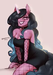Size: 1754x2480 | Tagged: safe, artist:nire, derpibooru import, izzy moonbow, anthro, unicorn, bracelet, breasts, busty izzy moonbow, choker, cleavage, clothes, curly hair, dress, ear piercing, earring, eyeshadow, female, fishnet pantyhose, fishnets, g5, goth, goth izzy, hair over one eye, image, jewelry, lipstick, long hair, looking at you, makeup, mole, piercing, png, smiling, smiling at you, solo, spiked wristband, wristband