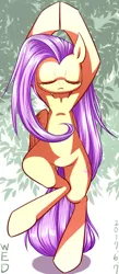 Size: 380x875 | Tagged: safe, artist:tangankittentail, derpibooru import, fluttershy, pegasus, pony, semi-anthro, :<, eyes closed, female, folded wings, image, jpeg, leaf, mare, solo, standing, standing on one leg, wings