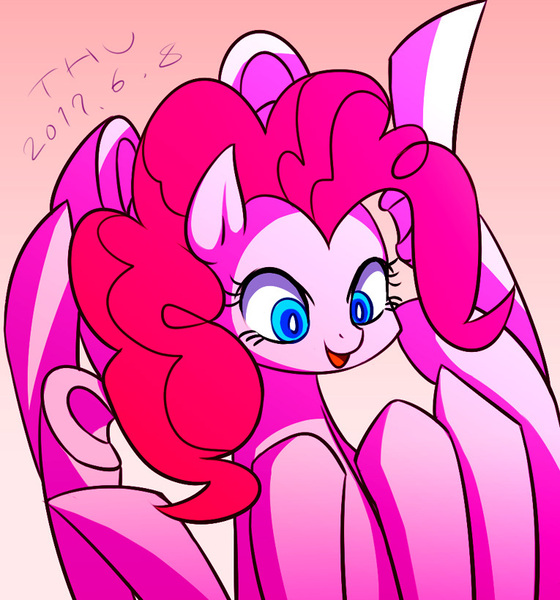 Size: 765x820 | Tagged: safe, artist:tangankittentail, derpibooru import, pinkie pie, earth pony, pony, female, gradient background, image, jpeg, mare, pinkie being pinkie, solo, underhoof