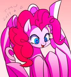 Size: 765x820 | Tagged: safe, artist:tangankittentail, derpibooru import, pinkie pie, earth pony, pony, female, gradient background, image, jpeg, mare, pinkie being pinkie, solo, underhoof