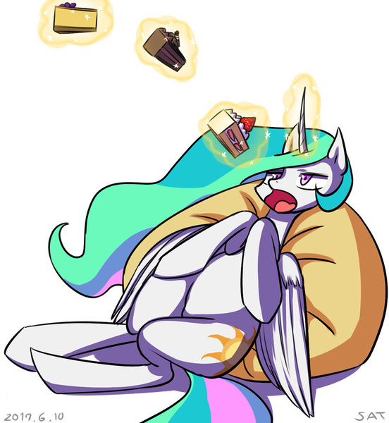 Size: 755x820 | Tagged: safe, artist:tangankittentail, derpibooru import, princess celestia, alicorn, pony, cake, cake slice, cakelestia, female, folded wings, food, glow, glowing horn, horn, image, jpeg, lying down, magic, magic aura, mare, open mouth, prone, simple background, solo, telekinesis, white background, wings