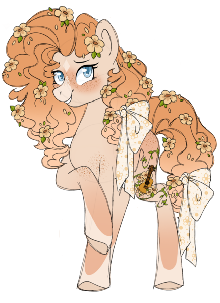 Size: 1080x1487 | Tagged: safe, artist:ninjagobrony287, derpibooru import, pear butter, earth pony, pony, blushing, buttercup, chest freckles, coat markings, facial markings, female, flower, flower in hair, freckles, grin, image, mare, png, simple background, smiling, solo, star (coat marking), transparent background