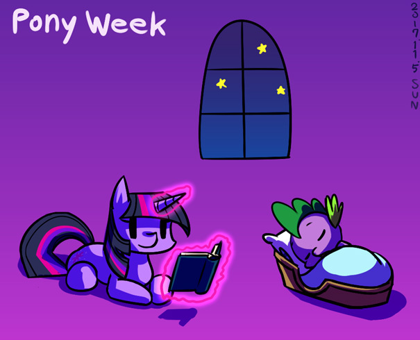 Size: 605x490 | Tagged: safe, artist:tangankittentail, derpibooru import, spike, twilight sparkle, dragon, pony, unicorn, beady eyes, bed, book, duo, eyes closed, female, glow, glowing horn, gradient background, horn, image, jpeg, lying down, magic, magic aura, male, mare, prone, purple background, reading, simple background, sleeping, stars, telekinesis, unicorn twilight, window