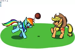 Size: 720x475 | Tagged: safe, artist:tangankittentail, derpibooru import, applejack, rainbow dash, earth pony, pegasus, pony, applejack's hat, ball, beady eyes, cowboy hat, duo, duo female, female, folded wings, grass, hat, image, jpeg, mare, simple background, white background, wings