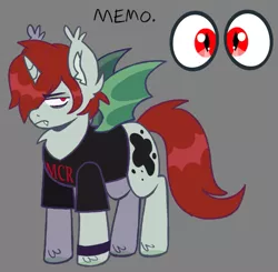 Size: 707x692 | Tagged: safe, artist:mxmx fw, derpibooru import, oc, oc:mxmx, bat pony, bat pony unicorn, hybrid, pony, unicorn, bat wings, chest fluff, clothes, emo, fangs, full body, hair over one eye, horn, image, my chemical romance, png, reference sheet, simple background, solo, wings