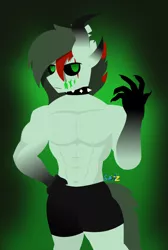 Size: 1302x1932 | Tagged: suggestive, artist:samsailz, derpibooru import, oc, oc:cy, anthro, demon, demon pony, original species, pony, undead, zombie, zombie pony, claws, clothes, collar, fetish, half naked, image, male, muscle fetish, muscles, muscular male, png, scar, sexy, shorts