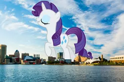 Size: 1600x1067 | Tagged: safe, artist:tardifice, artist:thegiantponyfan, derpibooru import, rarity, pony, unicorn, baltimore, female, giant pony, giant unicorn, giantess, highrise ponies, image, irl, macro, mare, maryland, mega giant, mega rarity, photo, png, ponies in real life, solo