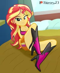 Size: 1102x1339 | Tagged: suggestive, artist:tabrony23, derpibooru import, sunset shimmer, equestria girls, ass, bare shoulders, bed, bedroom eyes, boots, bra, breasts, busty sunset shimmer, butt, clothes, female, image, looking at you, patreon, patreon exclusive, patreon logo, png, sexy, shoes, show accurate, skirt, smiling, smiling at you, socks, solo, solo female, stupid sexy sunset shimmer, thigh highs, underwear, window