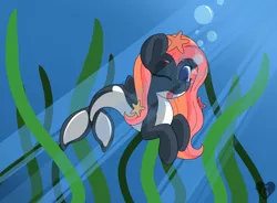 Size: 4268x3142 | Tagged: safe, artist:gnashie, derpibooru import, oc, unofficial characters only, orca, orca pony, original species, pony, starfish, bubble, female, fins, fish tail, image, looking at you, mare, ocean, one eye closed, png, seaweed, swimming, tail, tongue out, underwater, water, wink