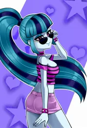 Size: 1500x2200 | Tagged: safe, artist:nekojackun, derpibooru import, sonata dusk, equestria girls, bare shoulders, bedroom eyes, bracelet, breasts, busty sonata dusk, butt, choker, clothes, eyeshadow, female, heart, image, jpeg, looking at you, makeup, midriff, miniskirt, pose, seductive, seductive pose, shirt, short shirt, shorts, side view, skirt, smiling, solo, sonata donk, spiked wristband, stars, strapless, sunglasses, tube top, wristband