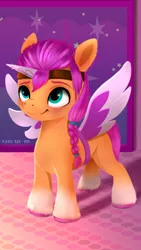 Size: 1080x1920 | Tagged: safe, artist:darksly, derpibooru import, sunny starscout, earth pony, pony, my little pony: a new generation, atg 2022, fake horn, fake wings, female, filly, filly sunny starscout, g5, image, jpeg, newbie artist training grounds, smiling, solo, younger