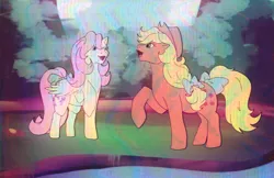 Size: 1224x792 | Tagged: safe, artist:kittyliladoptshop, derpibooru import, applejack, fluttershy, earth pony, pegasus, pony, bow, duo, female, g1, g4, g4 to g1, generation leap, image, mare, open mouth, png, smiling, tail, tail bow